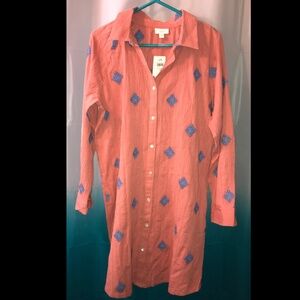 J. Jill Pure Jill Coral  & Blue Embroidered Shirtdress 100% cotton NWT